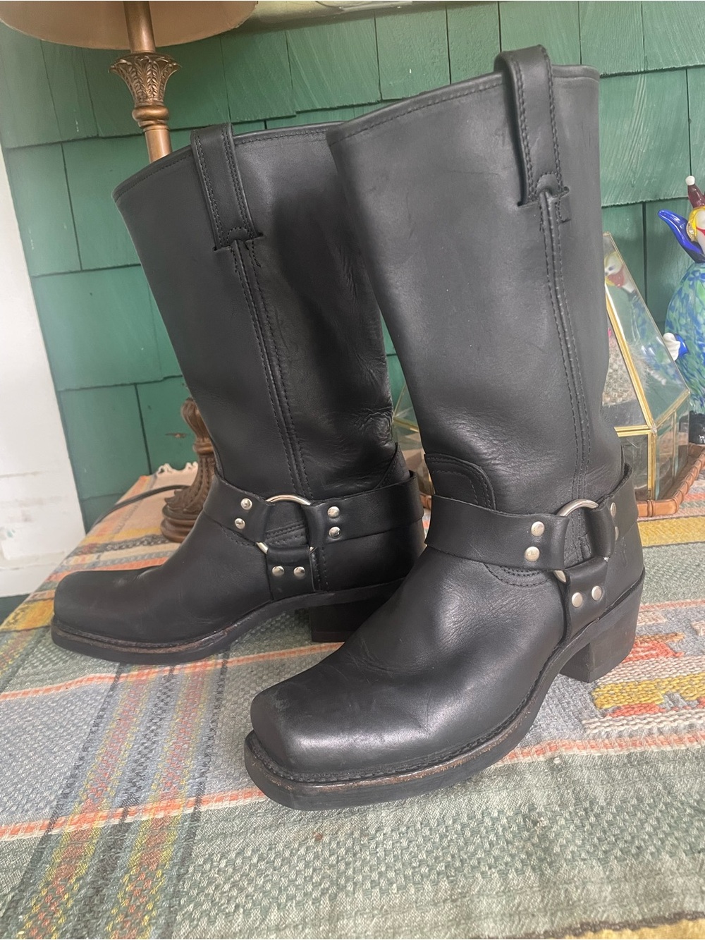 Frye Black Leather Harness Moto Boots